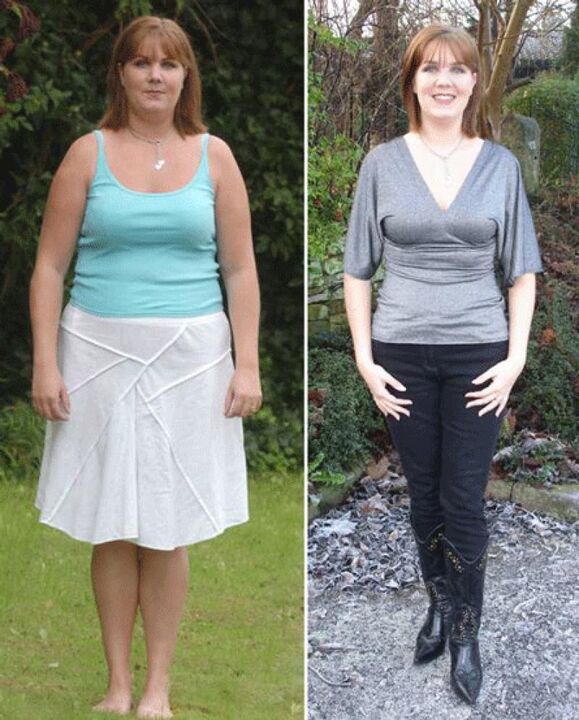 Kvinna före och efter att gå ner i vikt på en kefirdiet